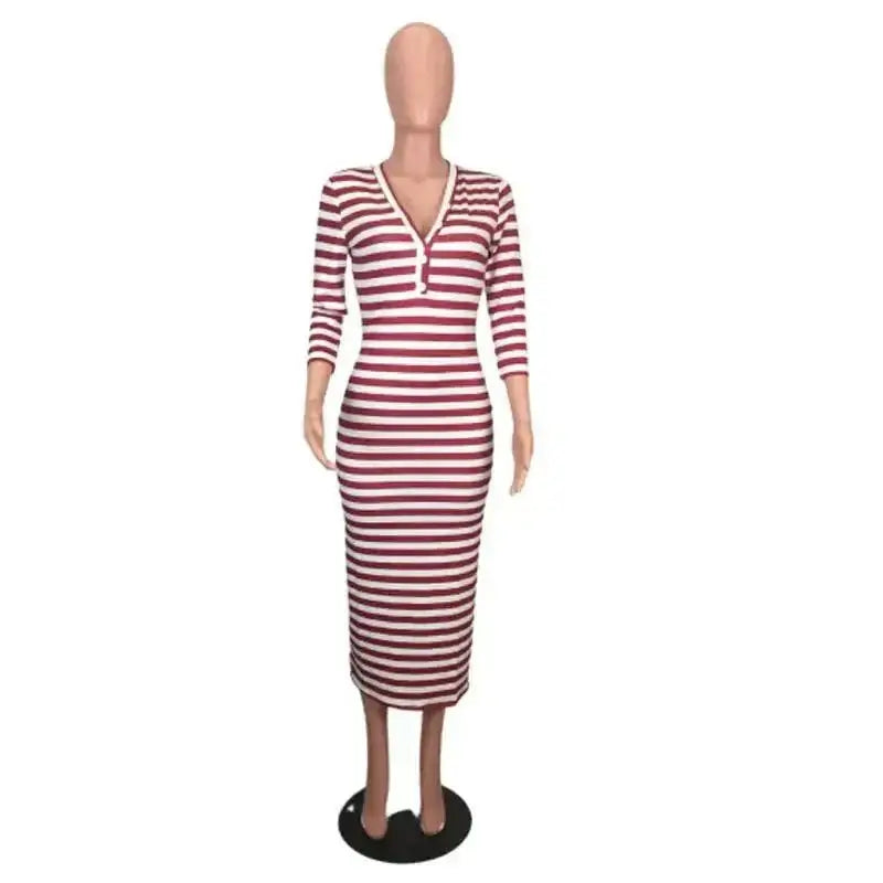 Sexy striped midi bodycon dress for women in autumn, featuring O-neck, full sleeves, and ankle-length design.