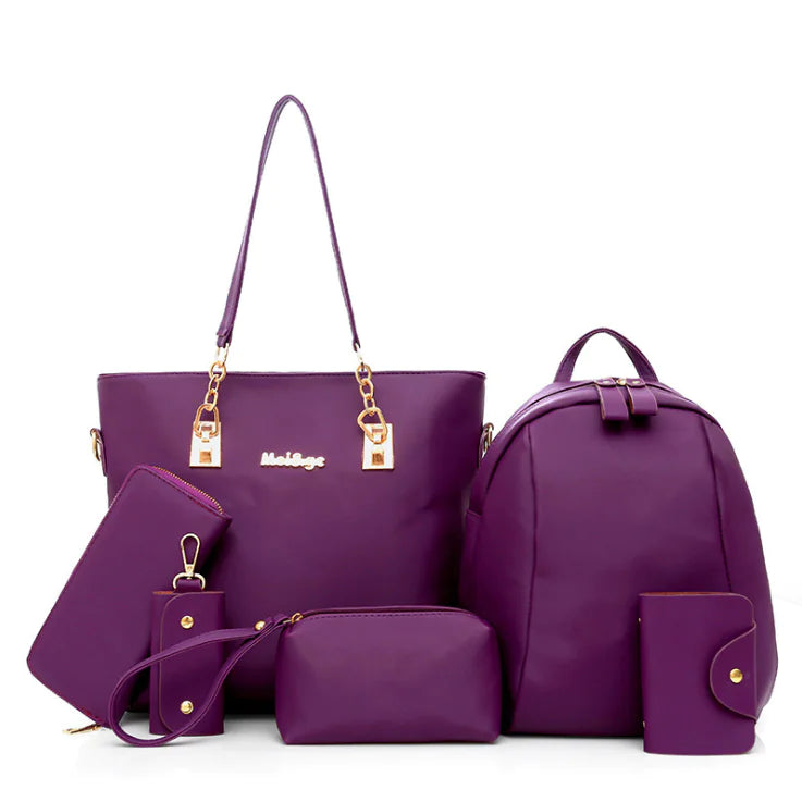 Purple Nylon Tote Bag Set with backpack, wallet, and cosmetic case for women, stylish and functional collection.