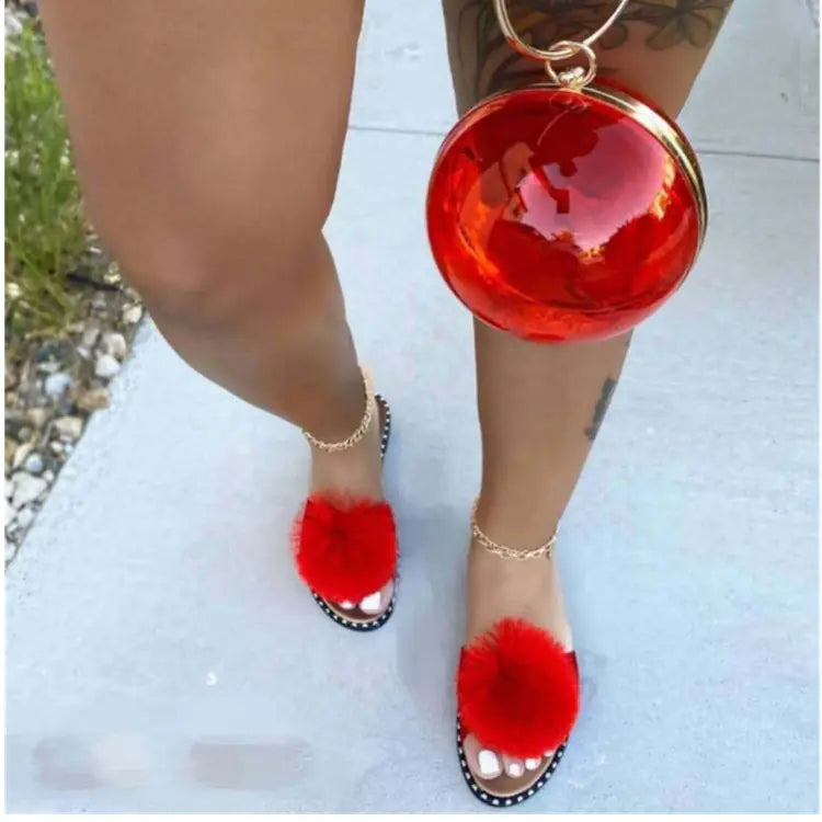 Women's Summer Casual Flat-Soled Fur Ball Slippers