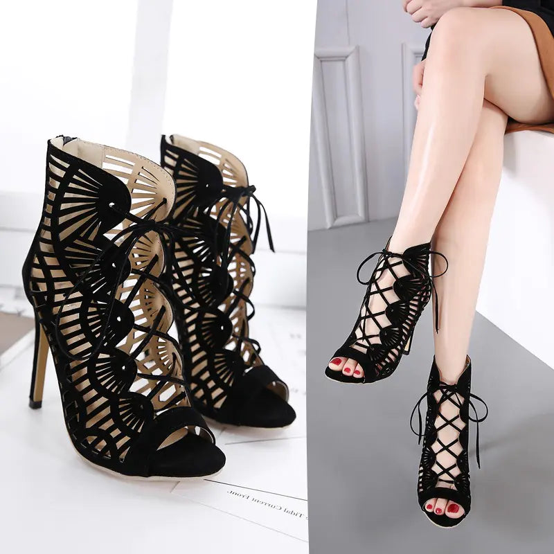 Sexy Hollow Lace-Up High Heels Roman Sandals for Women