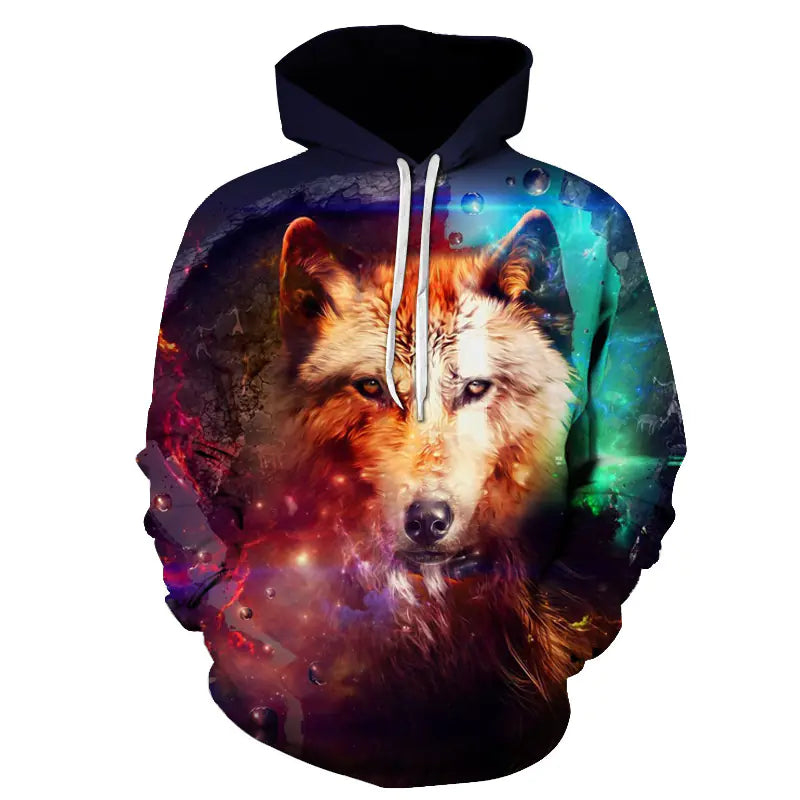 3D printed loose fit hoodie featuring vibrant wolf design on a cosmic background, perfect for stylish comfort.