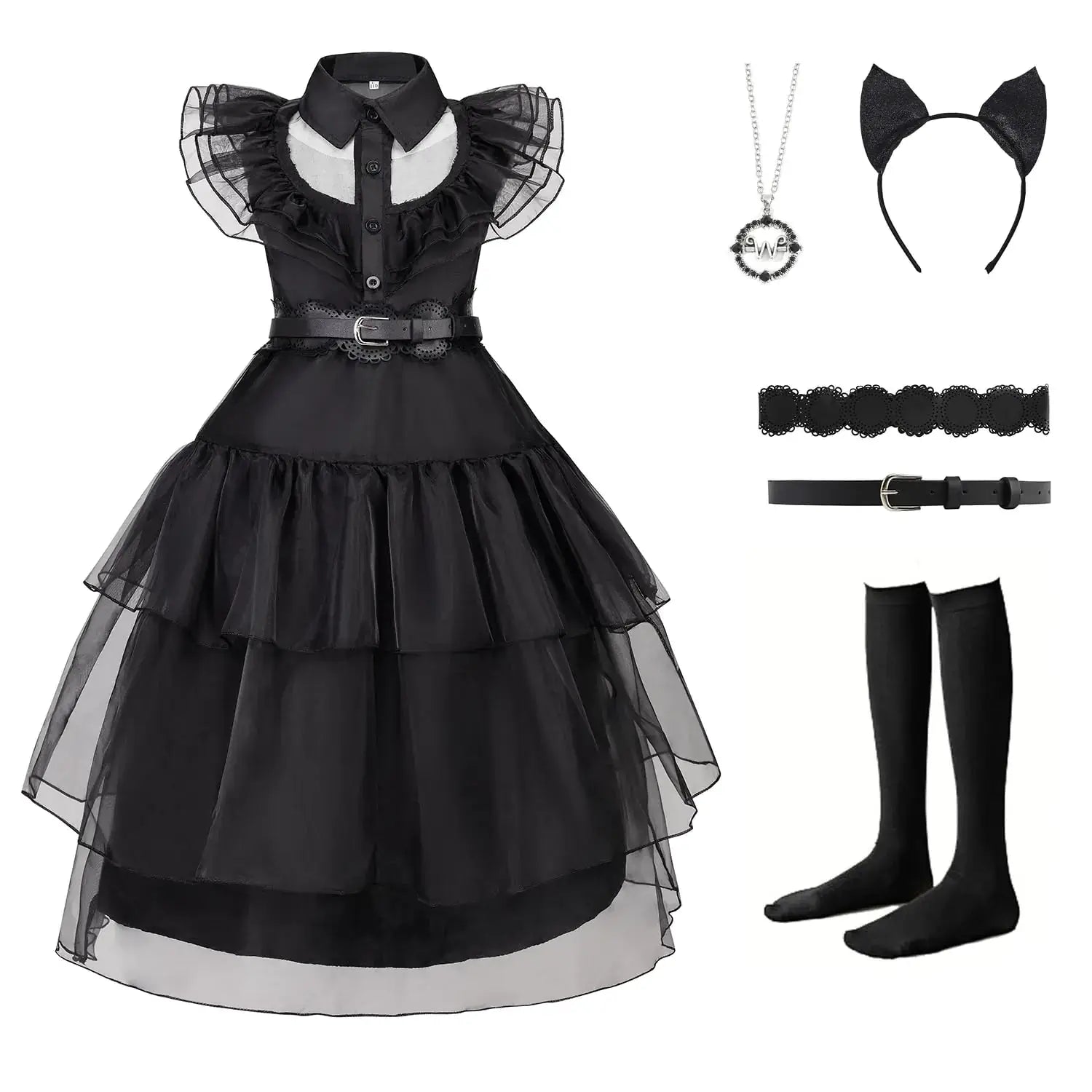 Halloween costume featuring a black dress, headband, accessories, and socks for girls' dress up parties.