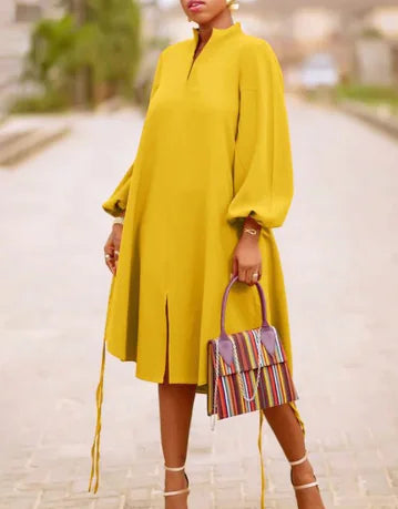 V-neck Long Sleeve Dress with Lantern Sleeves