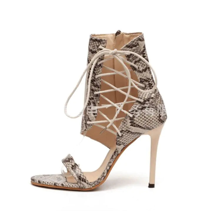 Lace-Up Sandals with Cutout High Heels and Snakeskin
