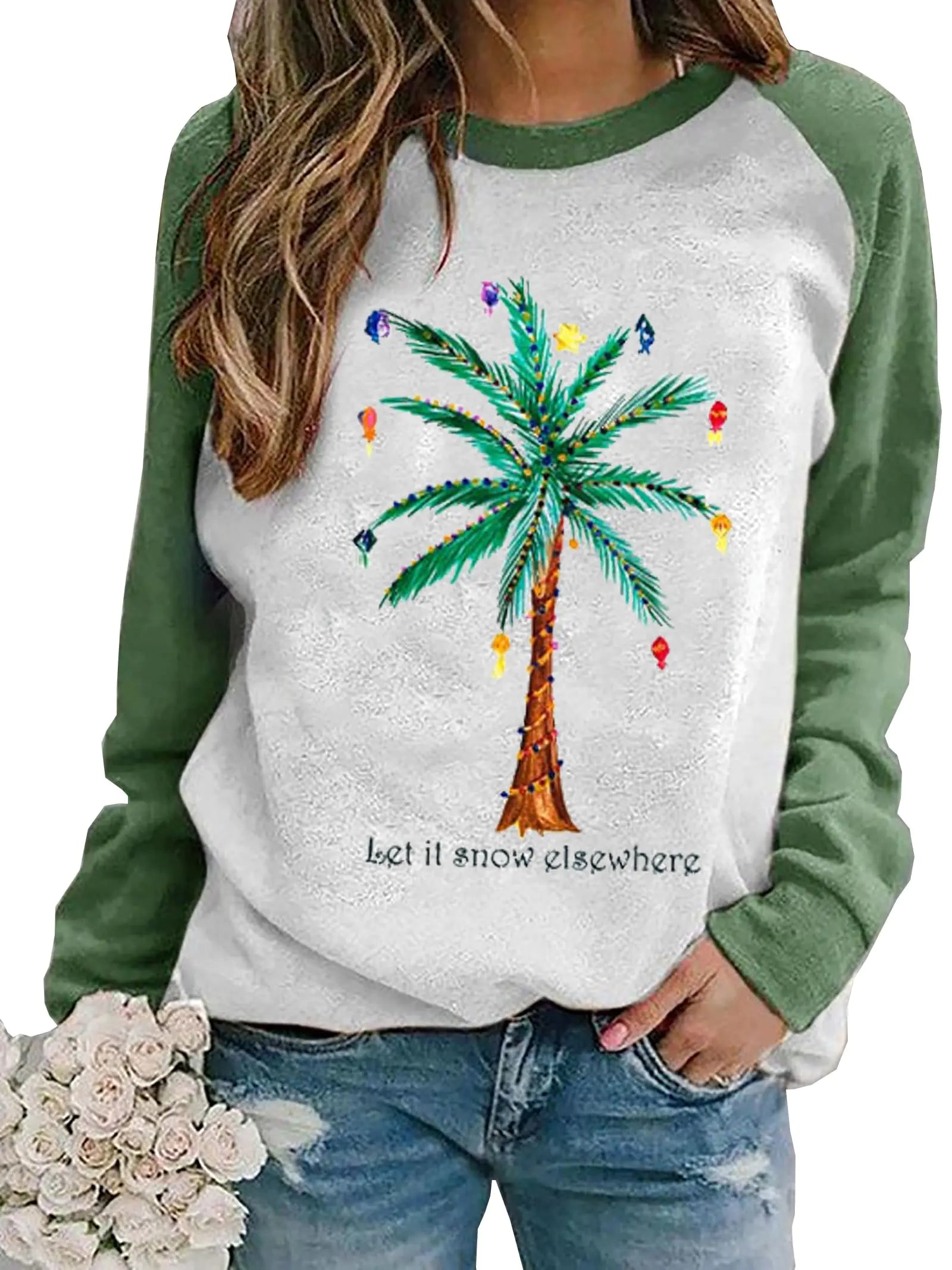 Wudlads Merry Chrismas Plam Tree Sweatshirt Women Hawaii Beach Holiday Shirt Funny Chrismas Graphic Long Sleeve Pullover Tops(Green-2 Large)