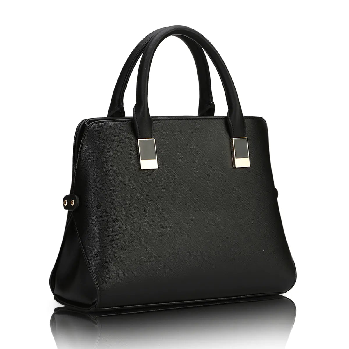 Fashionable black PU leather women's Boston handbag with sleek design and double handles.