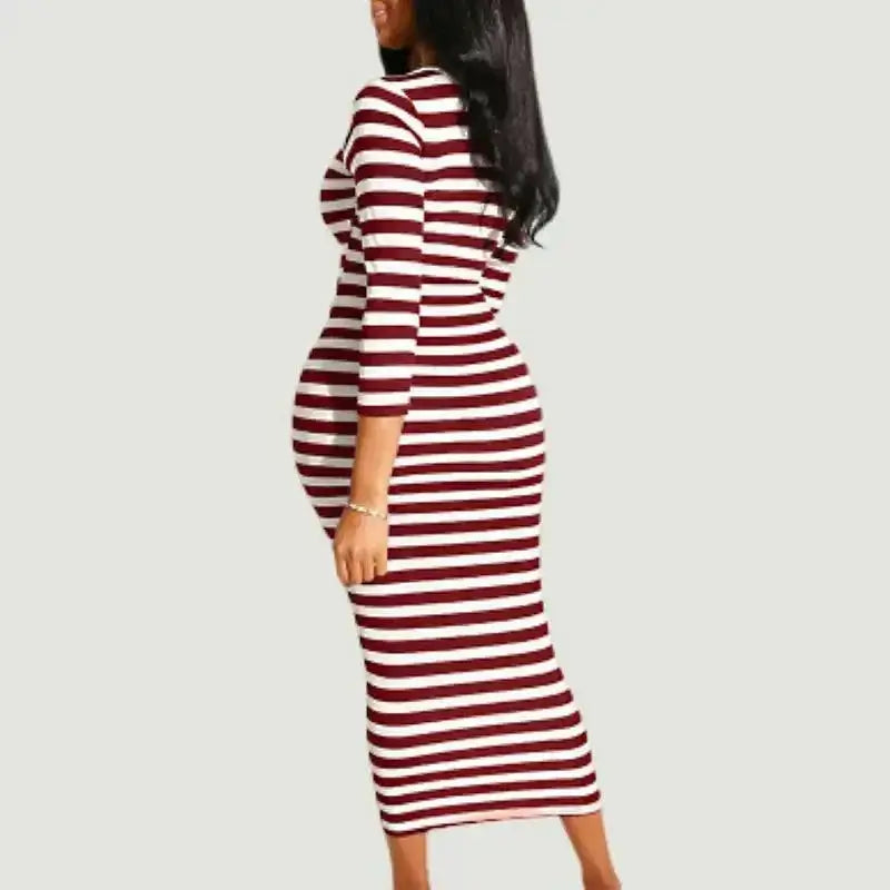 Sexy striped midi bodycon dress in red and white, ankle-length, with full sleeves and button decoration, ideal for autumn.