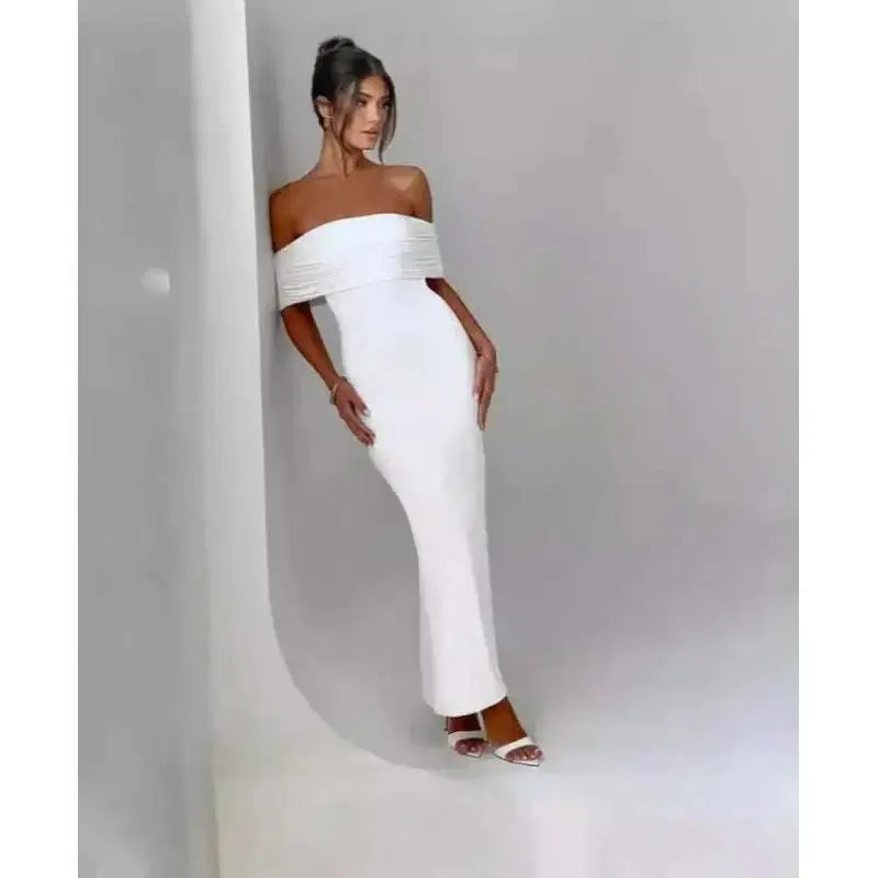 Socialite Style Elegant Sexy Backless Off-shoulder Dress Women in white, showcasing a sophisticated off-shoulder and figure-hugging design.