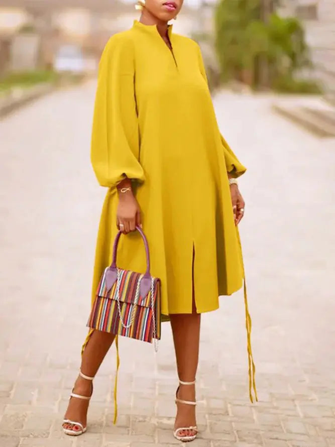 V-neck Long Sleeve Dress with Lantern Sleeves