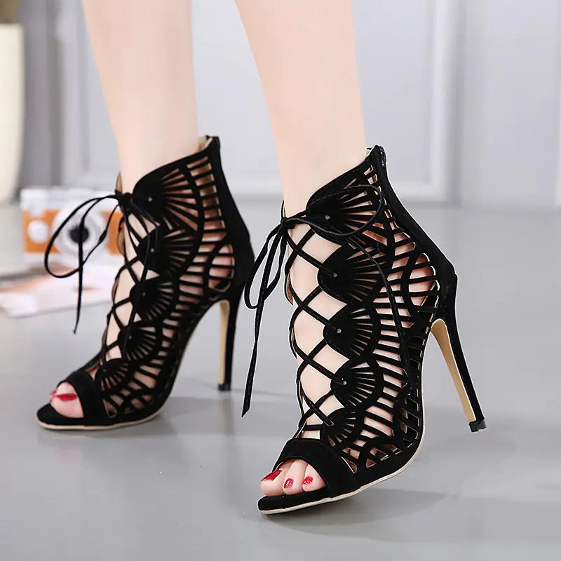 Sexy Hollow Lace-Up High Heels Roman Sandals for Women