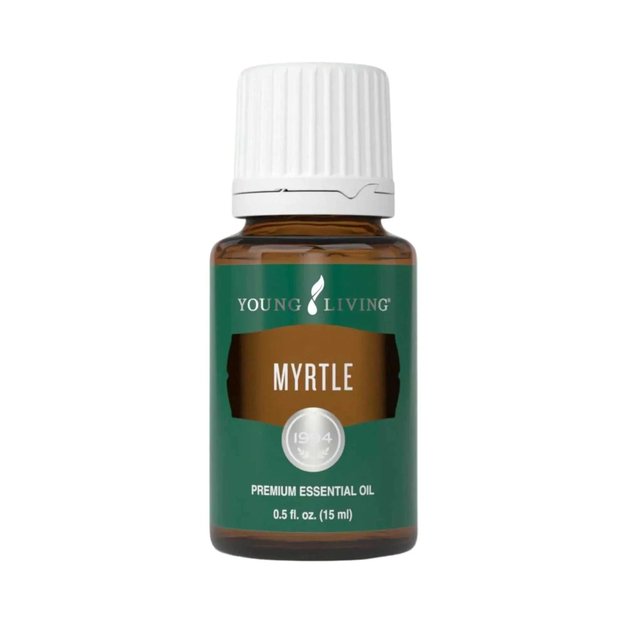 Young Living Myrtle Essential Oil 15ml bottle with green label, ideal for aromatherapy and skincare.