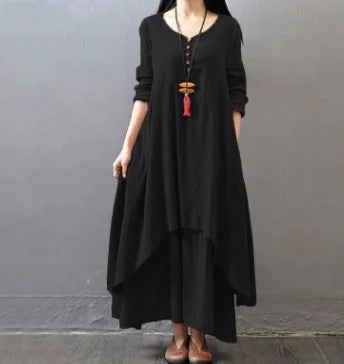 Spring Autumn two-piece black long dress with loose sleeves and stylish hem, perfect for casual wear.