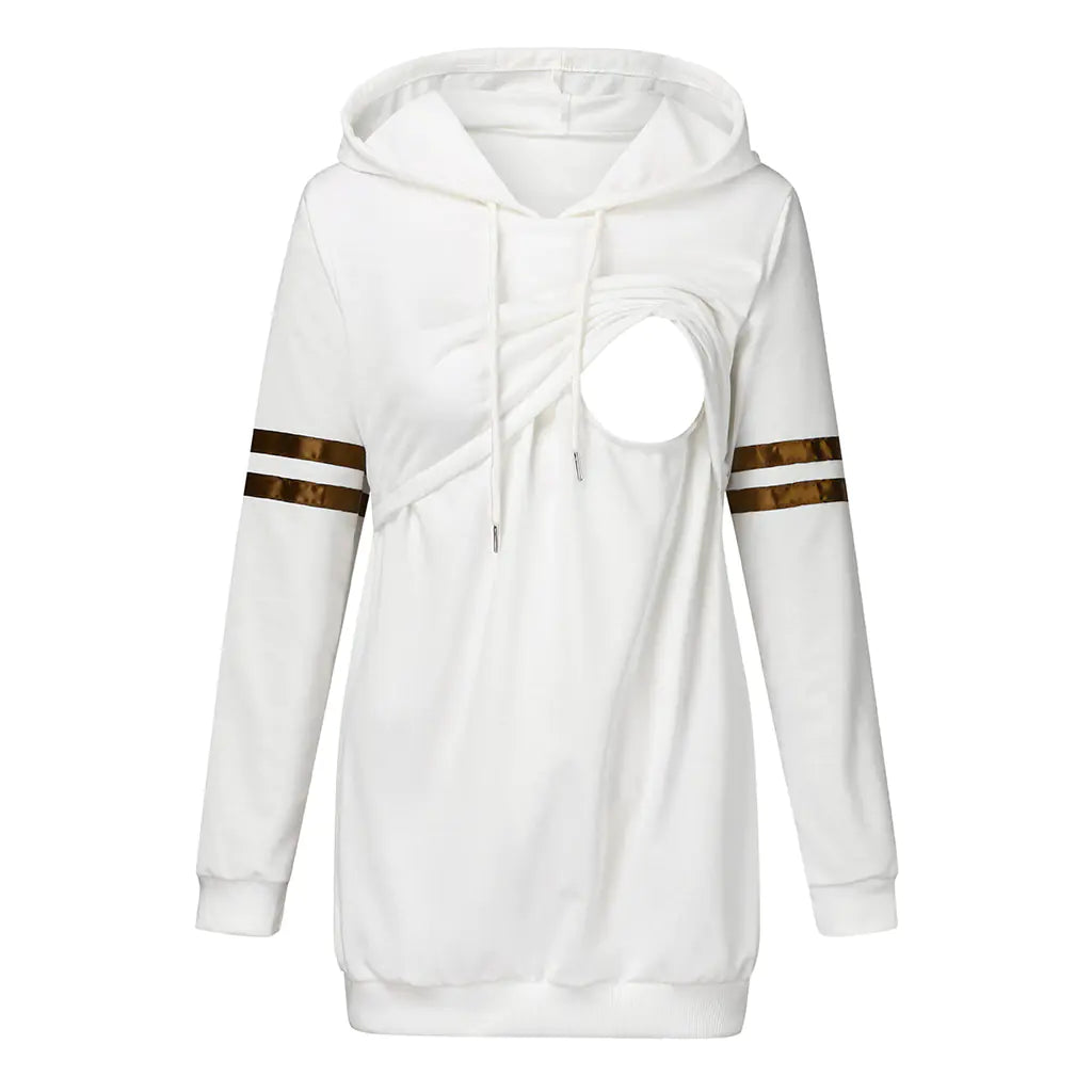 White hooded nursing jacket with color-blocked stripes, designed for stylish breastfeeding and cozy layering.