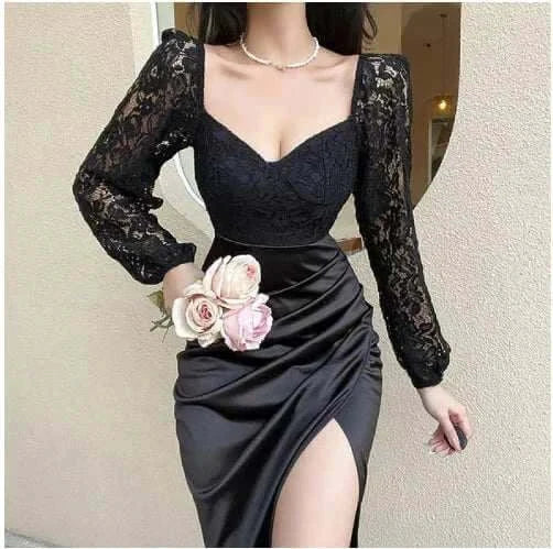 Black Slim Fit Sexy Lace V-Neck Split Dress Mbshop