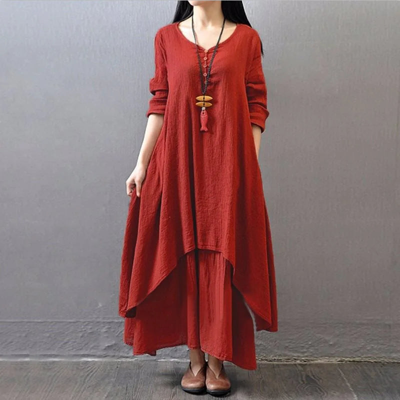 Stylish red two-piece long dress with loose sleeves, perfect for spring and autumn casual outings.