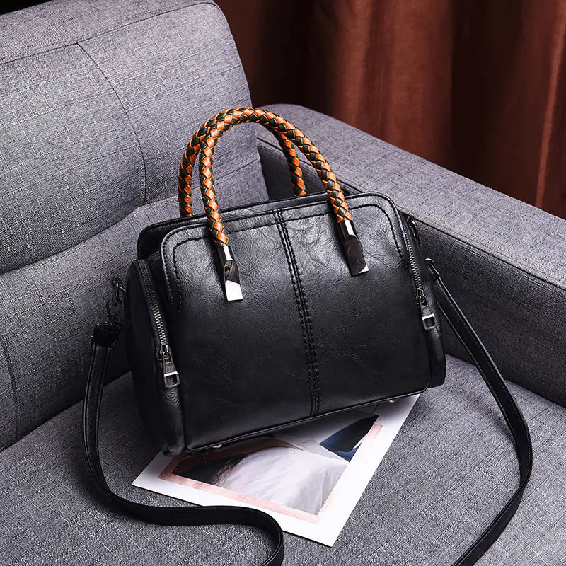 2019 Retro Stylish Boston Bag featuring braided handles, crafted from superfiber leather, perfect for casual and office use.