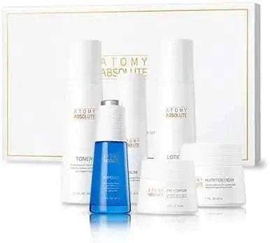 Absolute Skincare Set including toner, ampoule, serum, lotion, and eye-complex with advanced Korean skincare technology.