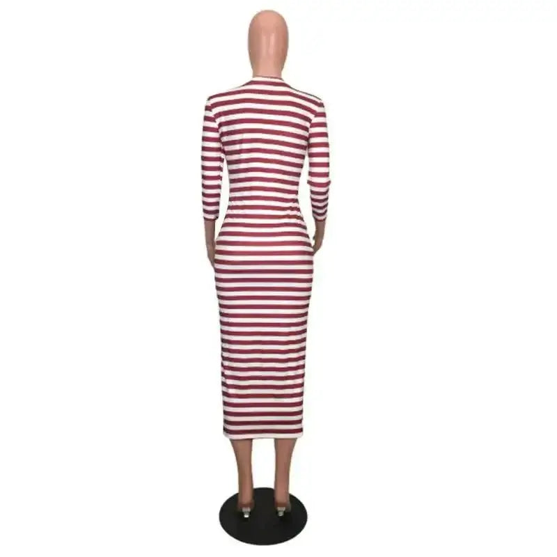 Sexy striped midi bodycon dress with button decoration, ankle-length, O-neck, full sleeves.