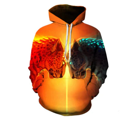 3D printed loose fit hoodie featuring a vibrant design of two leopards in orange and blue, ideal for casual wear.