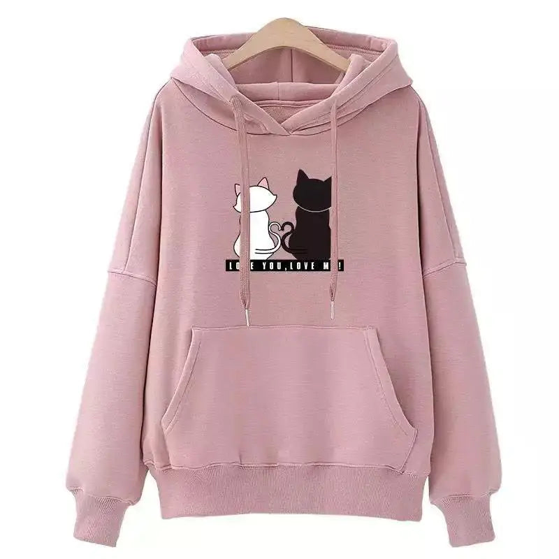 Pink hoodie featuring cute cartoon cats design with the text 'Love You, Love Me' for a trendy casual look.