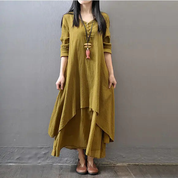 Spring Autumn two-piece long dress with loose sleeves in olive green, perfect for casual outings.