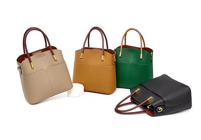 Fashionable PU leather handbags in beige, brown, green, and black displayed together, perfect for modern women's style.