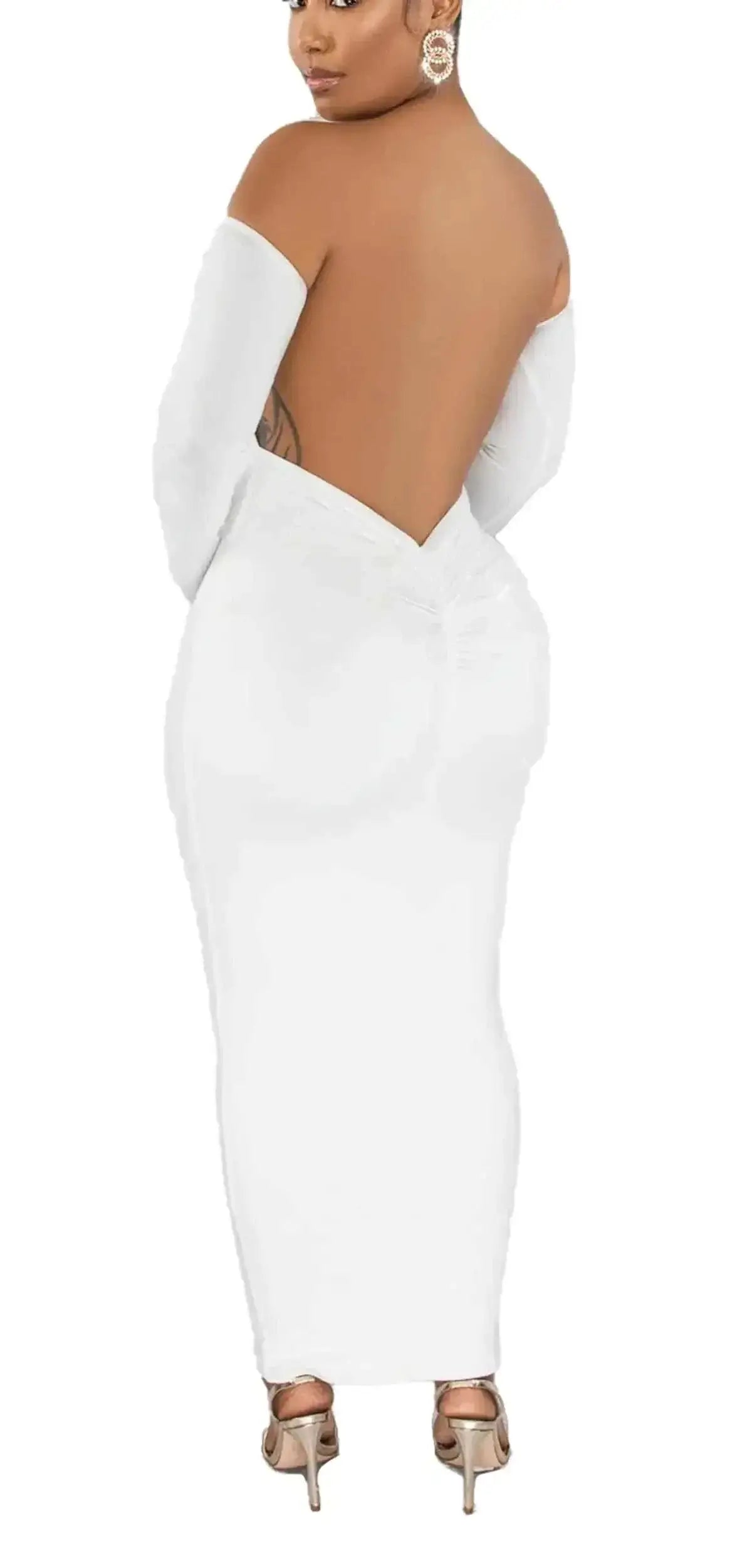 YUEWOO all white dress, plus size backless maxi dress with long sleeves.