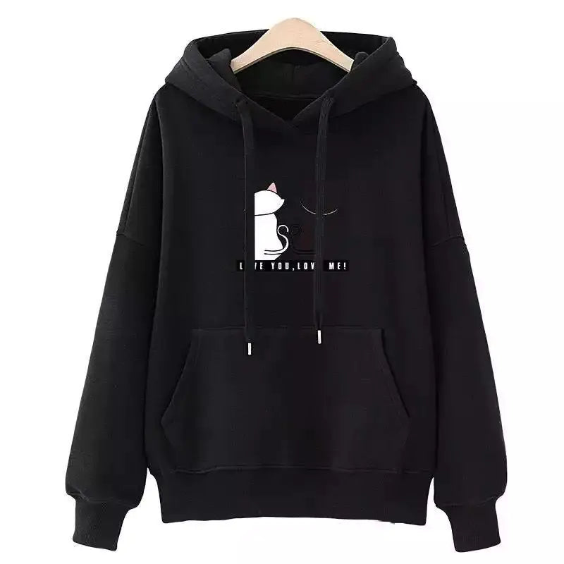 Black hoodie with cat graphic and slogan 'Love You, Love Me!' for casual style and comfort.