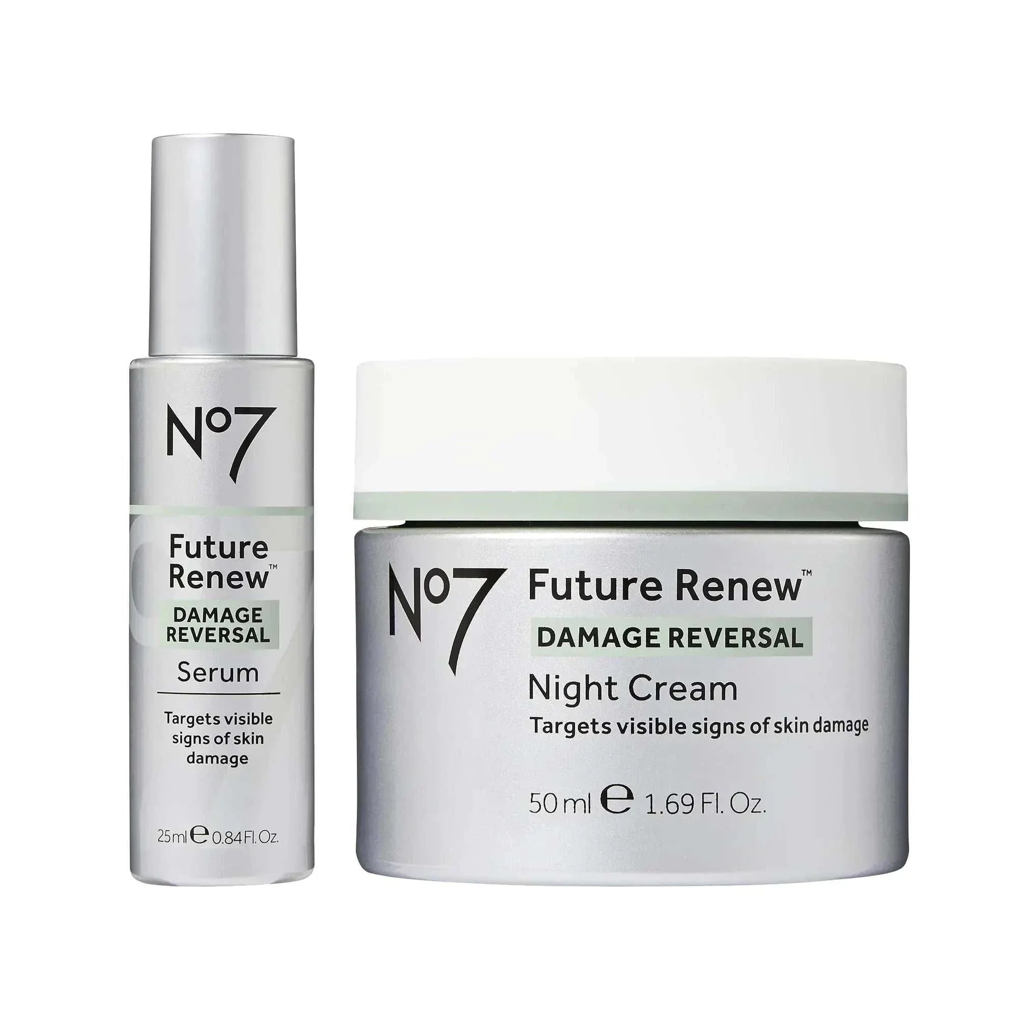No7 Future Renew Skincare Kit with Damage Reversal Serum and Night Cream, anti-aging set for skin damage repair.