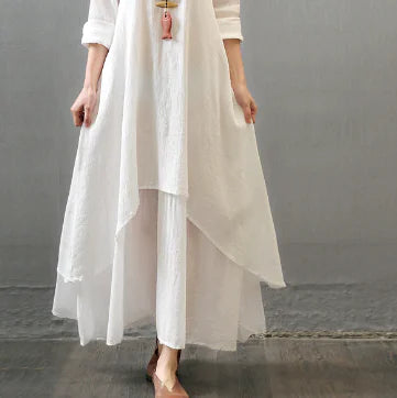 Spring Autumn two-piece long dress with loose sleeves in white, featuring a layered design and elegant flowing silhouette.