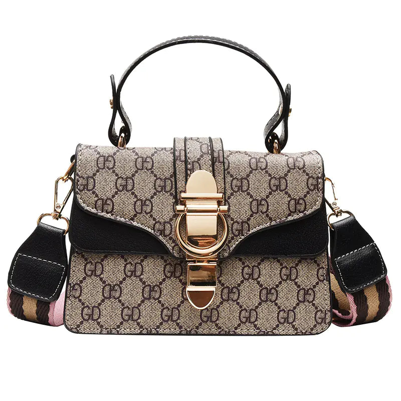 Trendy small square shoulder bag for women with unique lock buckle design in stylish colors.
