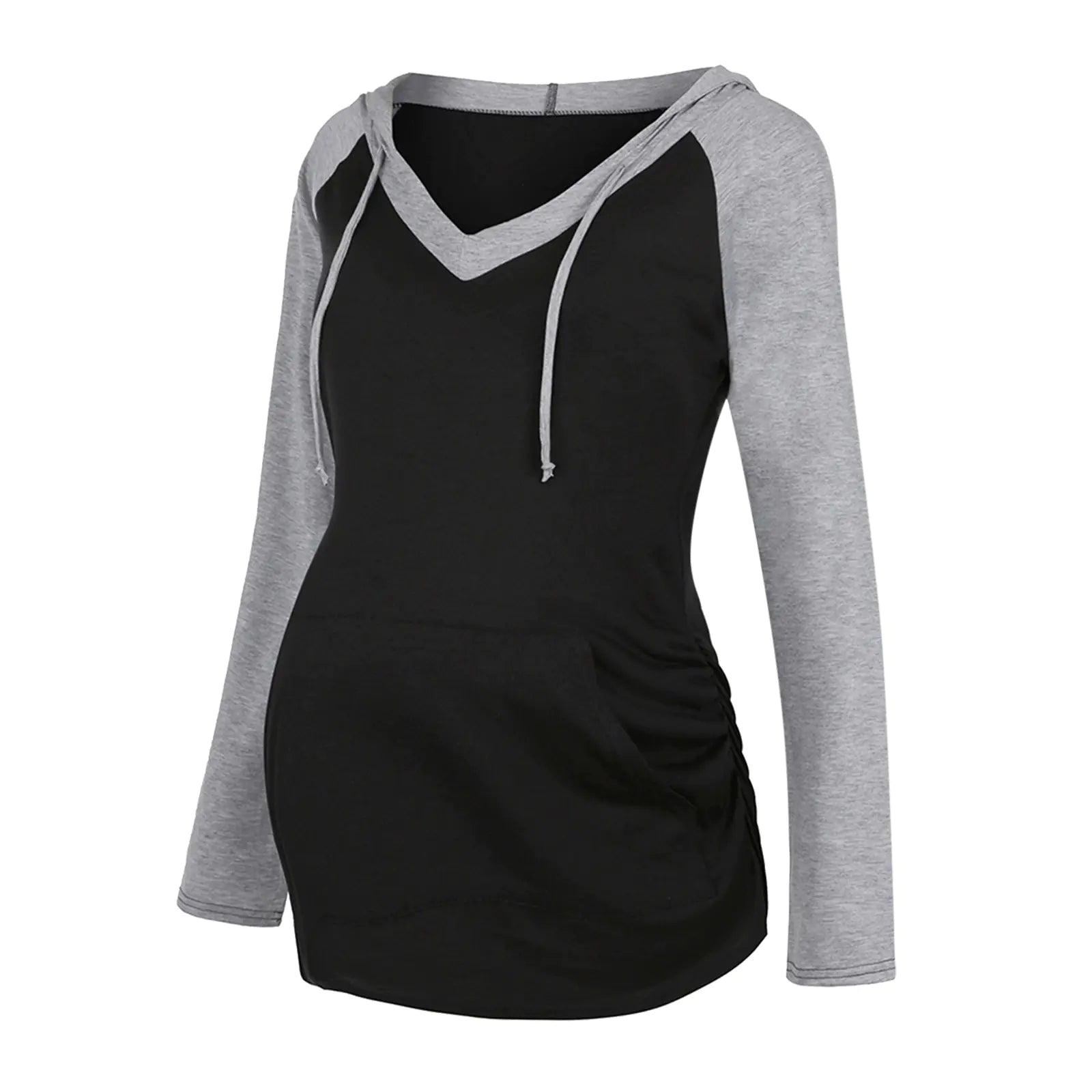 Color-blocking long-sleeved hooded nursing jacket in black and gray, ideal for autumn and winter layering.