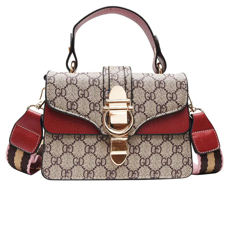 Trendy small square fashion shoulder bag for women with unique lock buckle, in red and signature pattern.