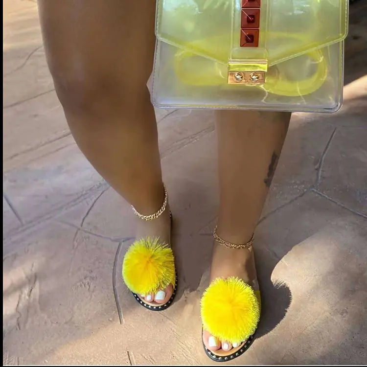 Women's Summer Casual Flat-Soled Fur Ball Slippers