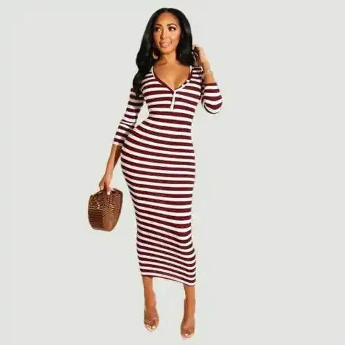 Sexy striped midi bodycon dress for women in autumn and winter.