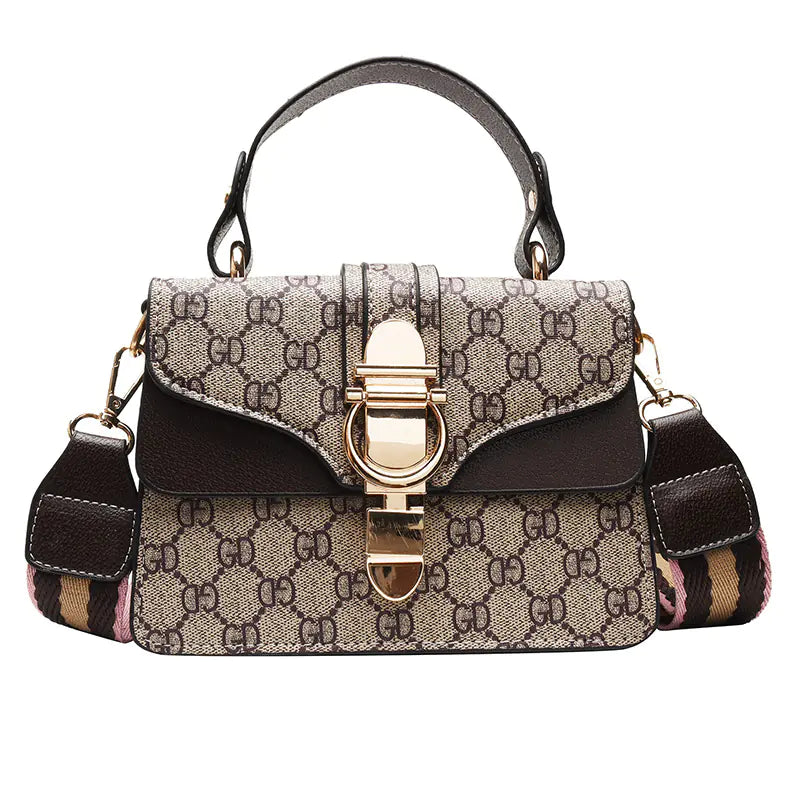 Trendy small square fashion shoulder bag for women with lock buckle design in stylish pattern.