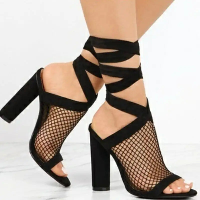 Bandage Flock Cross Strap Lace-Up High Heels Sandals