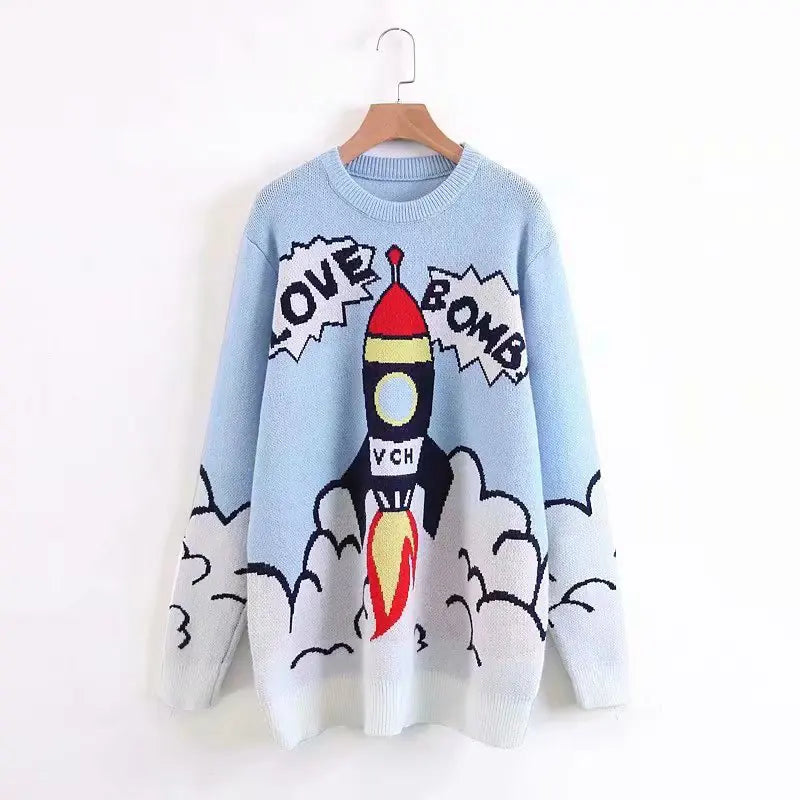 Couple's Retro Rocket Pattern Sweater in blue featuring playful 'Love Bomb' design and loose fit.