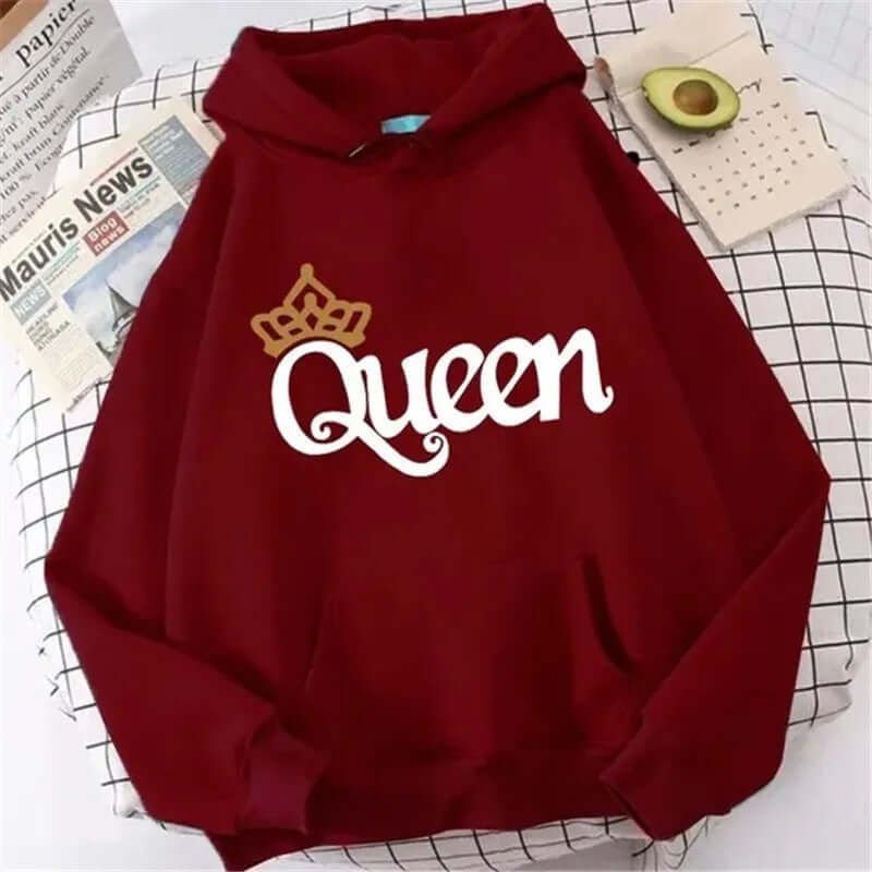 QUEEN Print Hoodies Fleece Hooded Sweatshir in maroon with a crown design, perfect for casual wear.