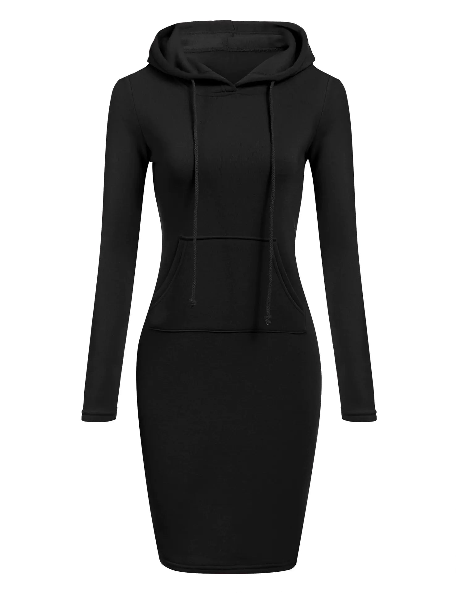 Black autumn winter women's hoodie dress with pockets and drawstrings, perfect for casual styling.
