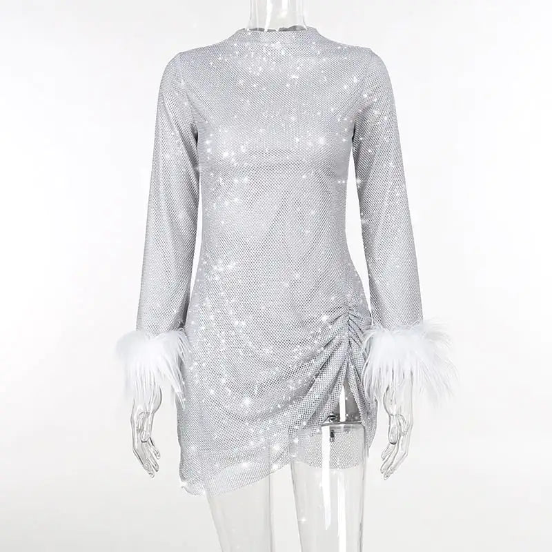 Slim-fit Shiny Mesh Dress with Fur Cuffs for Women