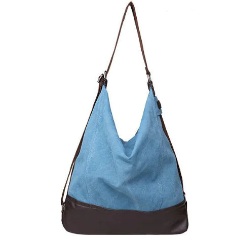 Versatile blue canvas shoulder bag with brown accents, ideal for daily use and stylish outings.