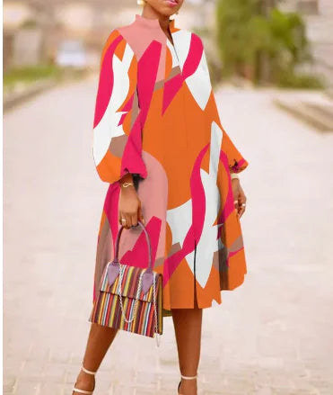 V-neck Long Sleeve Dress with Lantern Sleeves