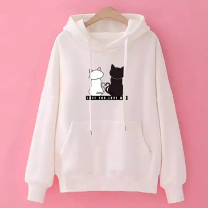 Hoodie with cartoon cats design, white background, offering a casual and comfy style for everyday wear.