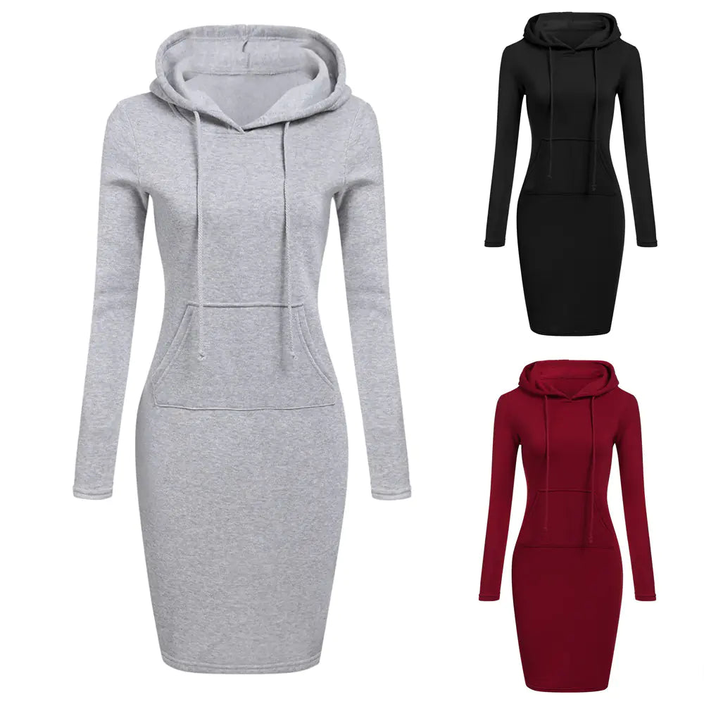 Autumn Winter women's hoodie dress in gray, black, and burgundy with pockets and drawstrings for casual style.