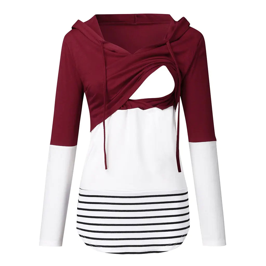 Color-blocking long-sleeved hooded nursing jacket in burgundy and white with striped hem for autumn and winter.