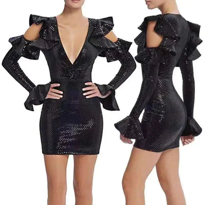 TEAEGG 2019 Spring Sexy Party Evening Dress, black polyester hollow flared sleeves, high waist fit.