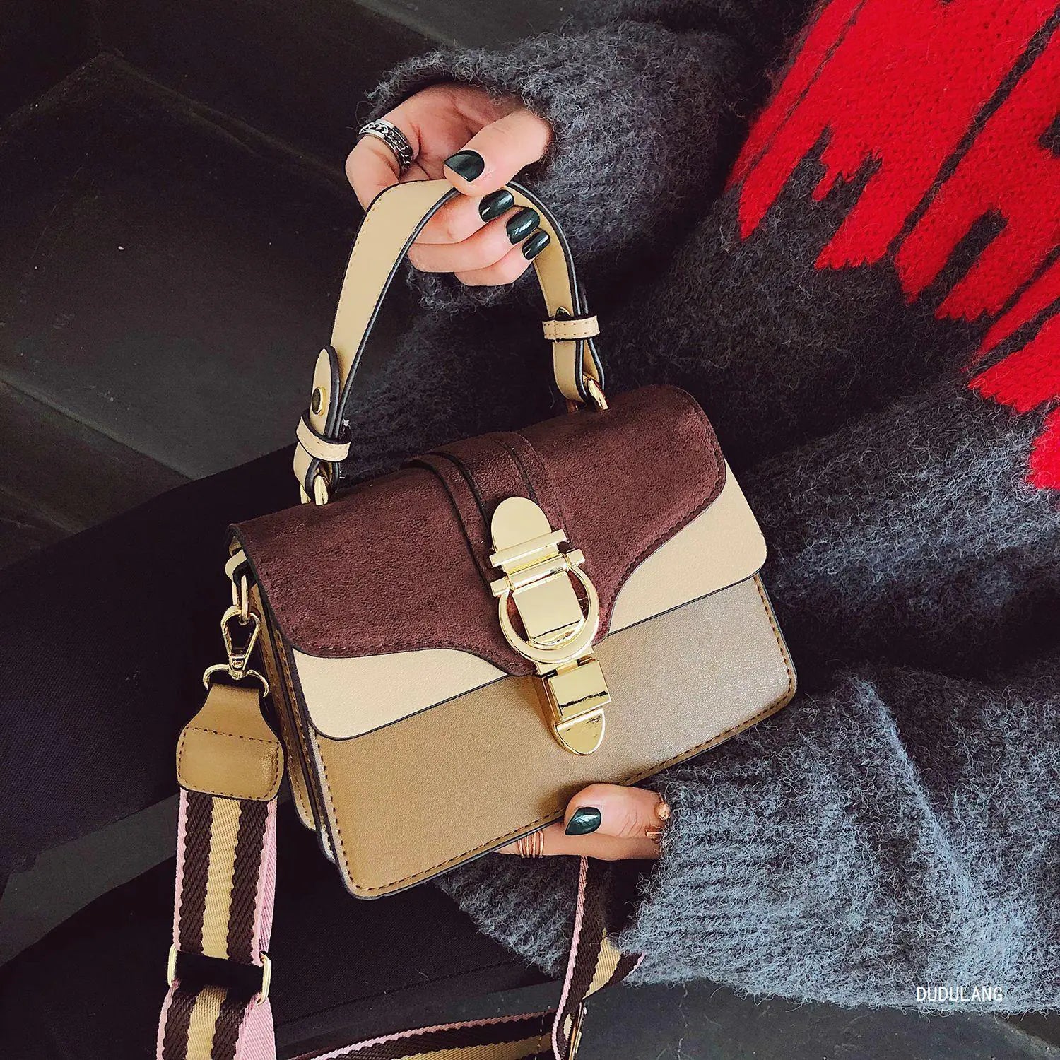 Trendy small square shoulder bag for women in stylish brown and beige colors, perfect for fall 2019 fashion.