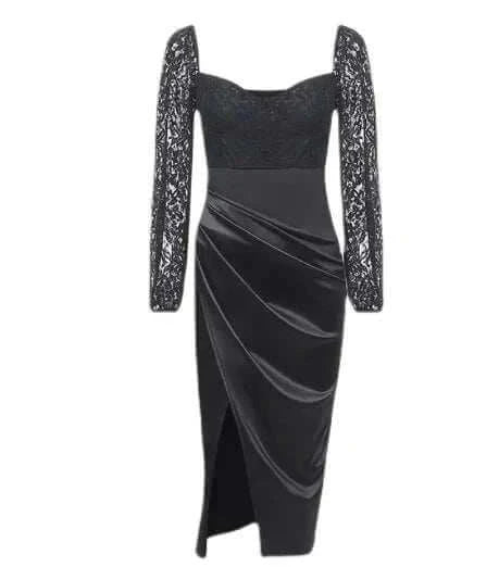 Black Slim Fit Sexy Lace V-Neck Split Dress Mbshop