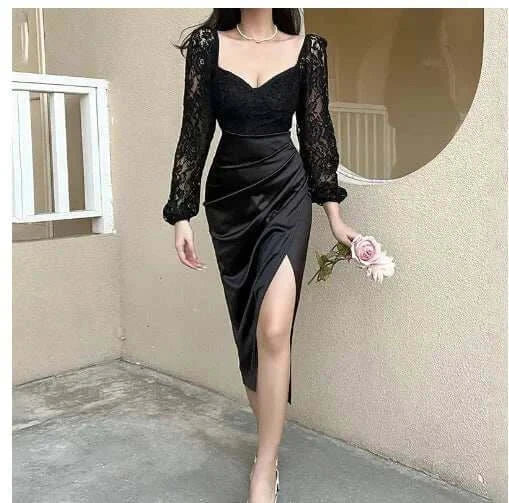 Black Slim Fit Sexy Lace V-Neck Split Dress Mbshop